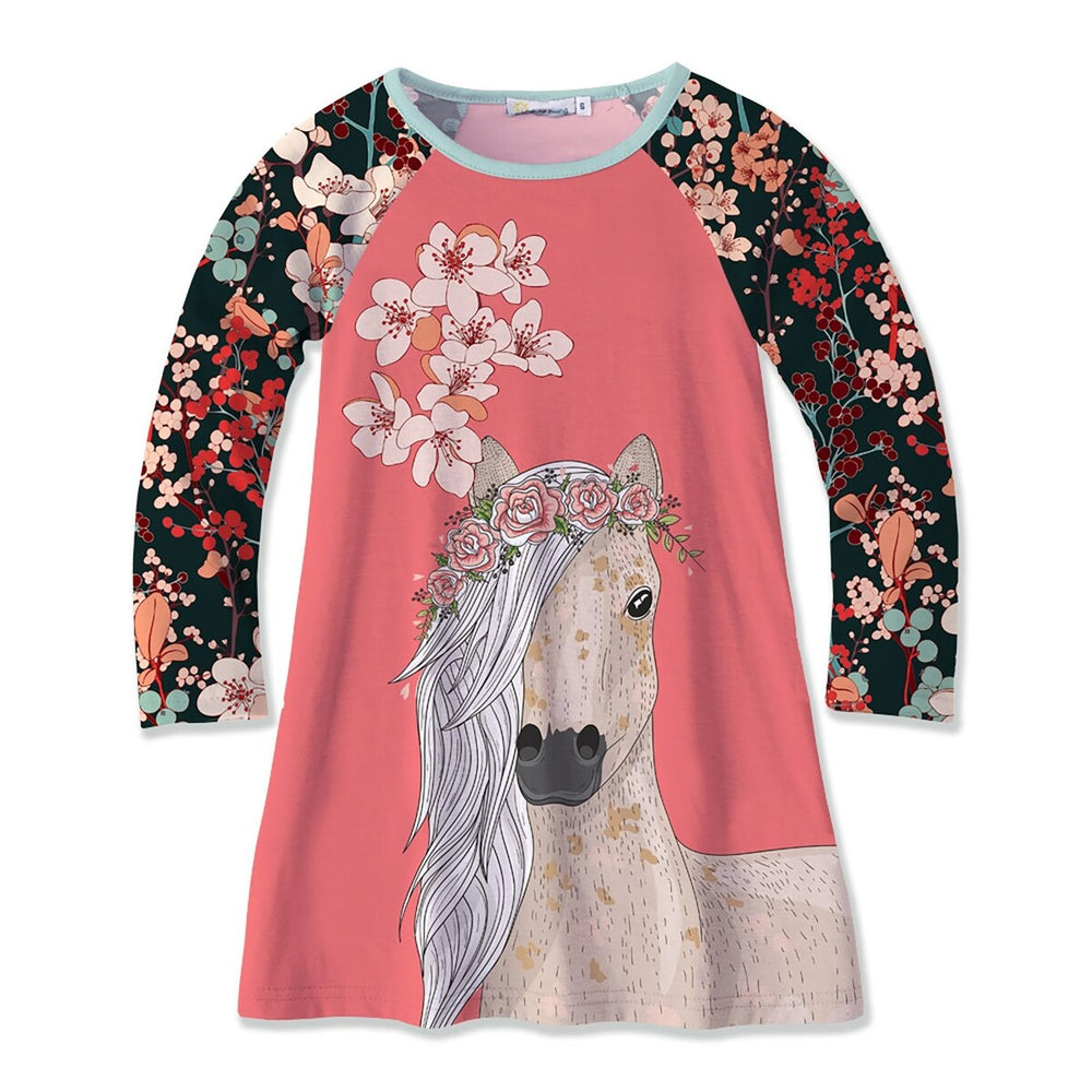 Pink Floral Horse Print Raglan Dress