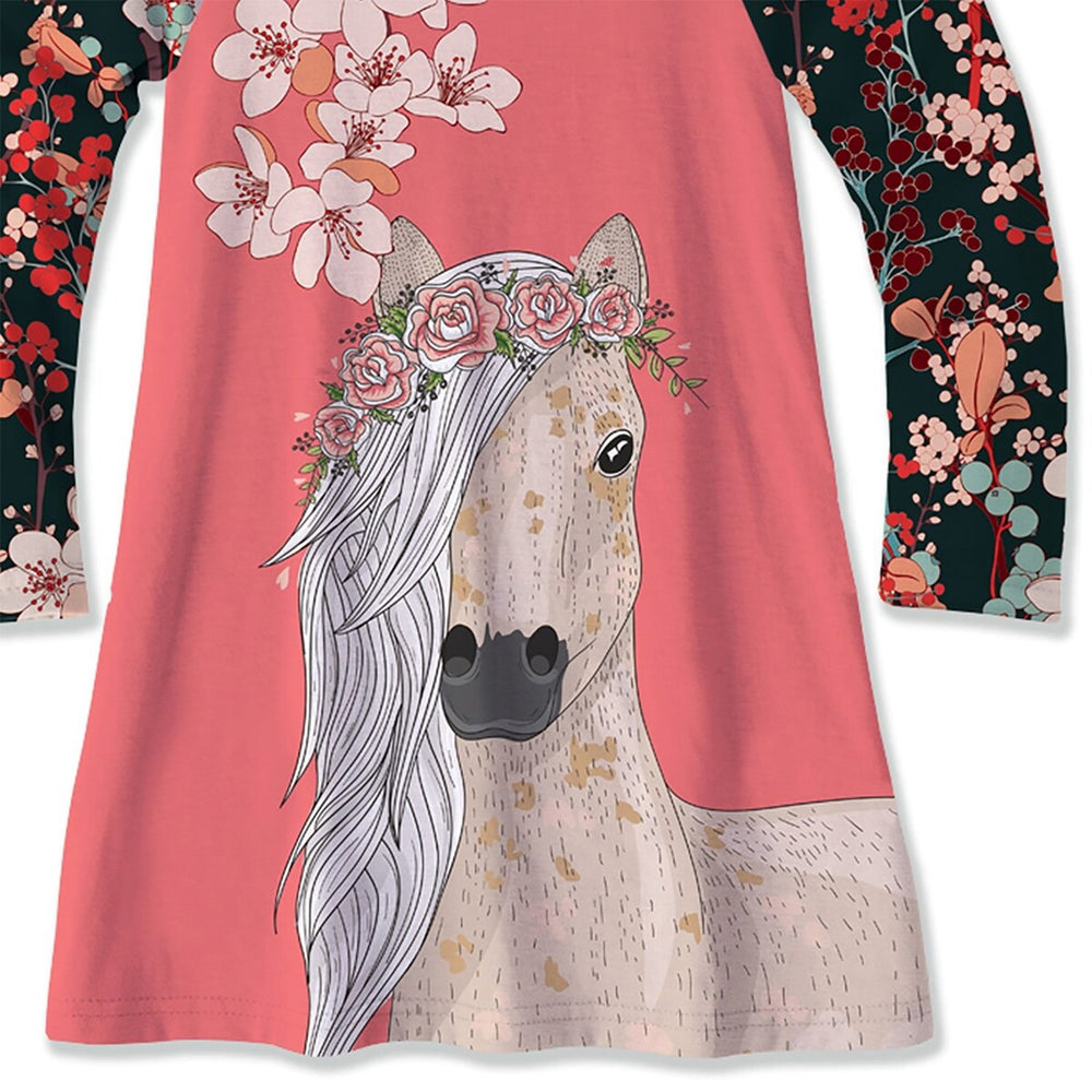 Pink Floral Horse Print Raglan Dress