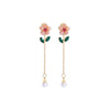 Pink Floral Imitation Pearl Chain Drop Earrings