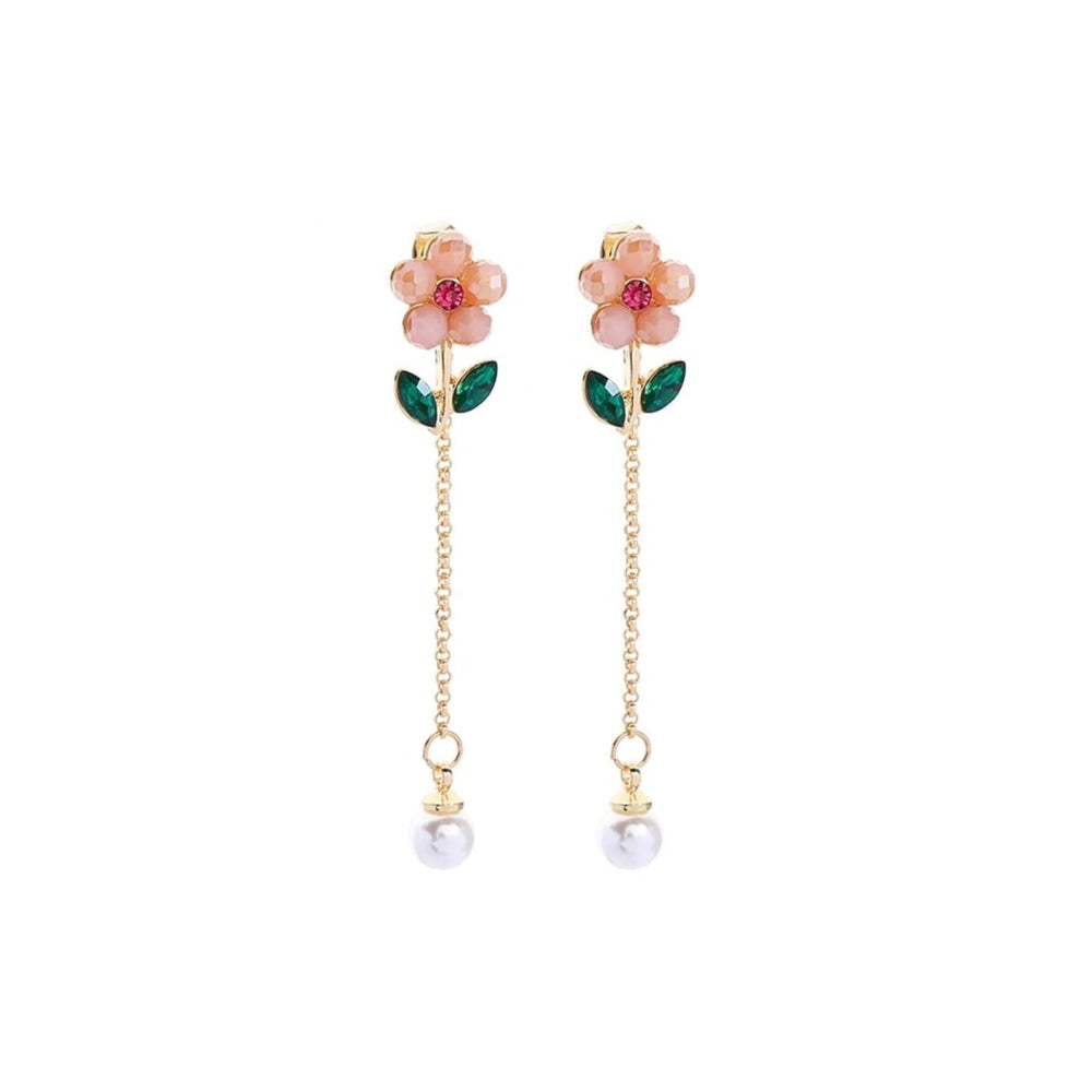 Pink Floral Imitation Pearl Chain Drop Earrings