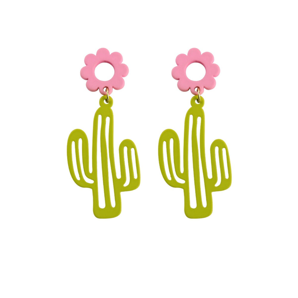 Pink Flower Open Cactus Drop Earrings