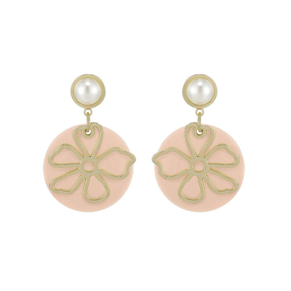 Pink Goldtone Flower Circular Earrings