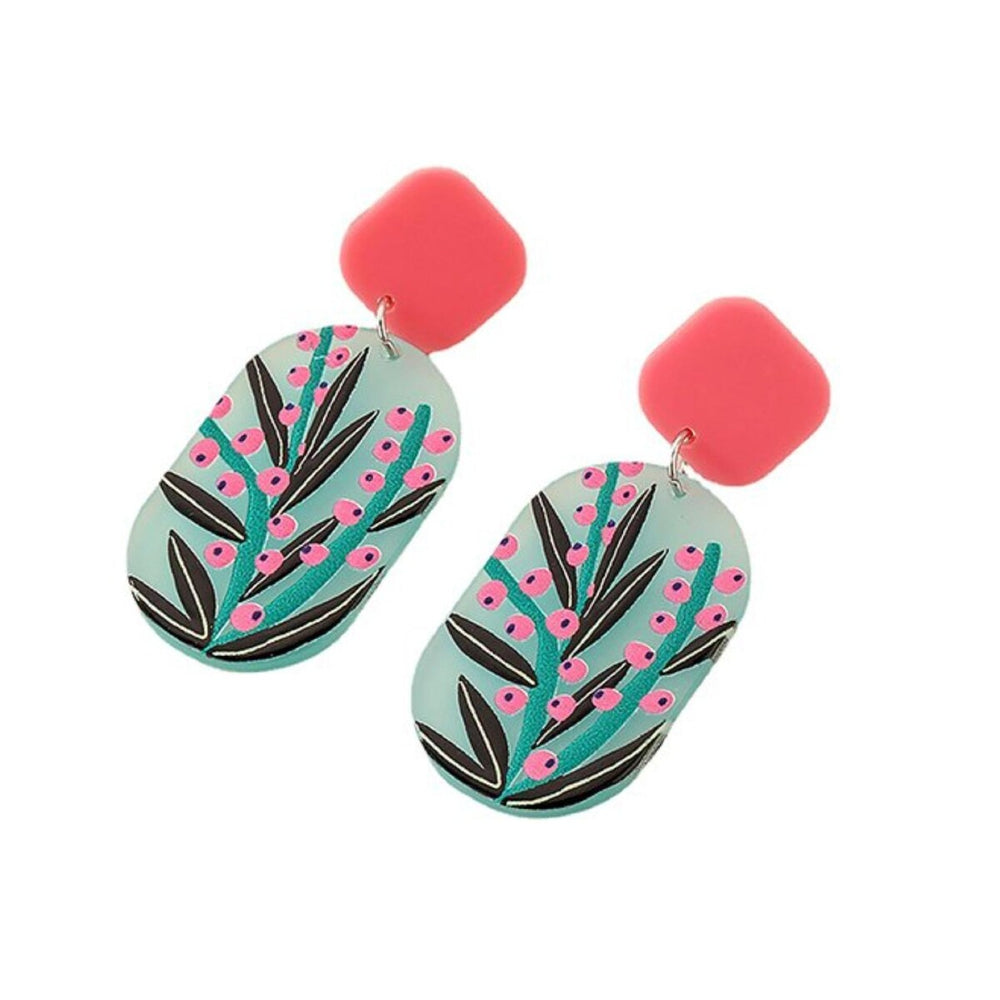 Pink Green Floral Oval Drop Earrings