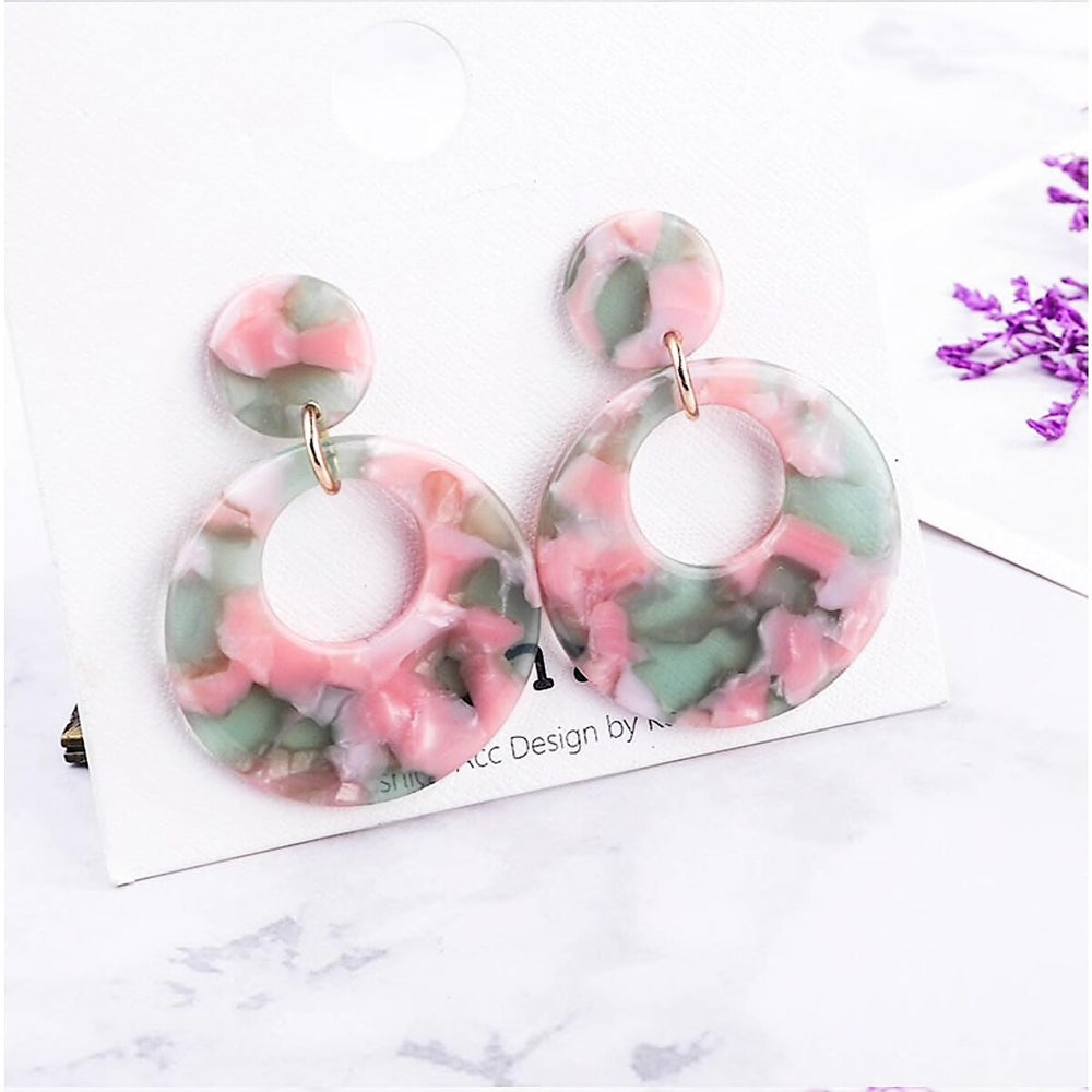 Pink Green Marbled Circular Drop Earrings