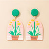 Pink Green Plant Drop Earrings