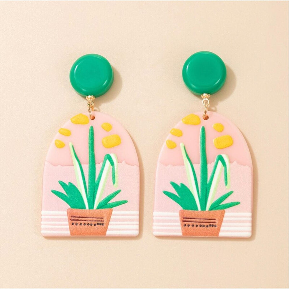 Pink Green Plant Drop Earrings