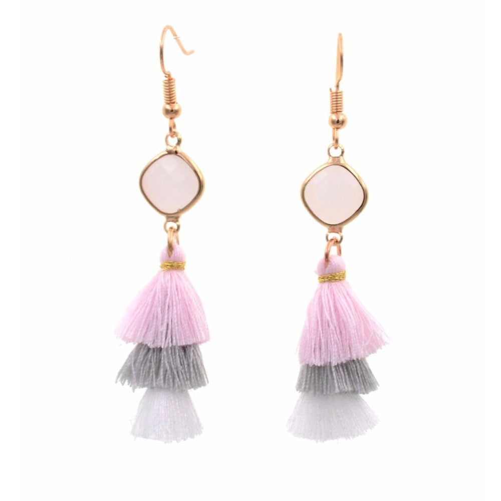 Pink Grey Tiered Tasseled Drop Earrings