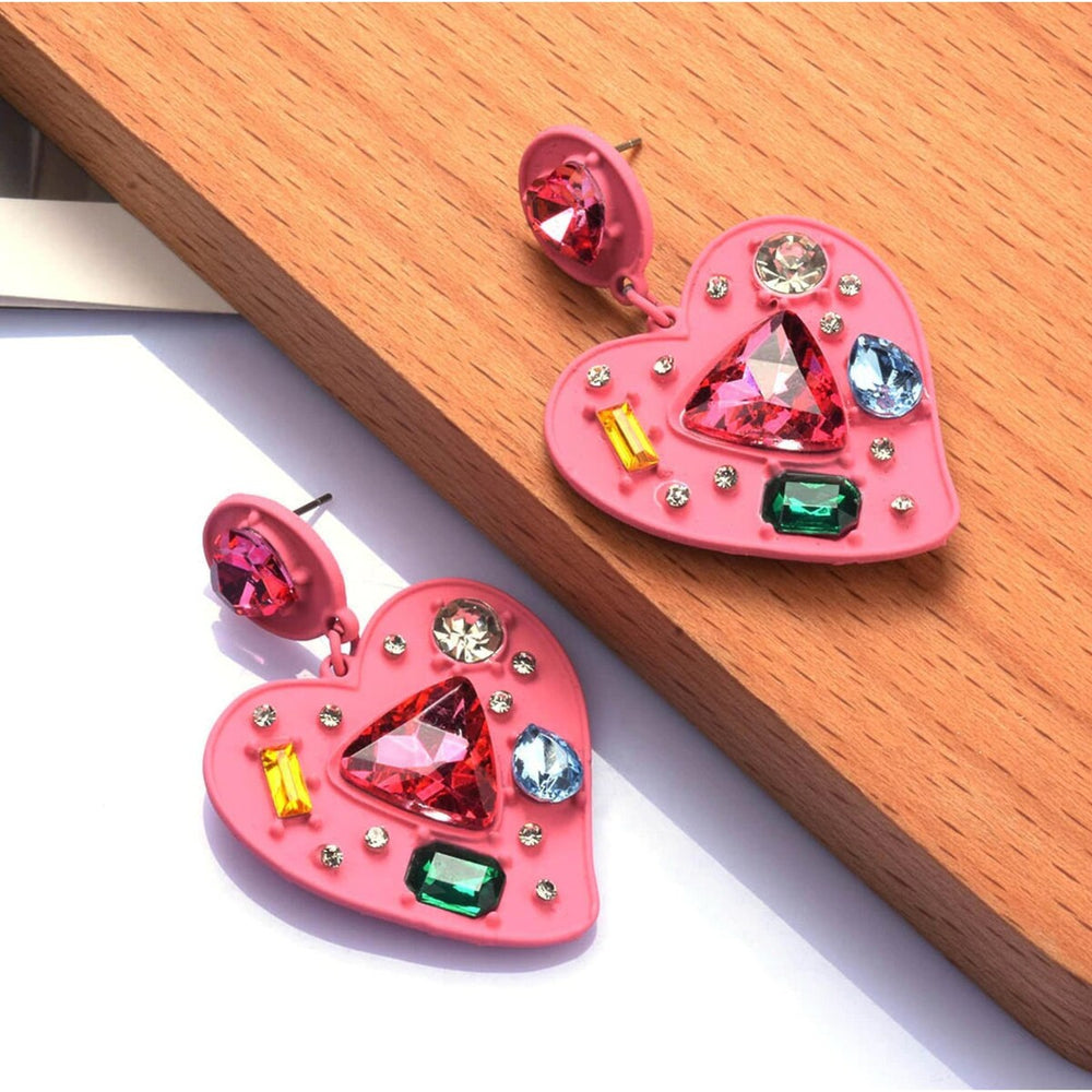 Pink Heart & Multi Colored Crystal Drop Stud Earrings