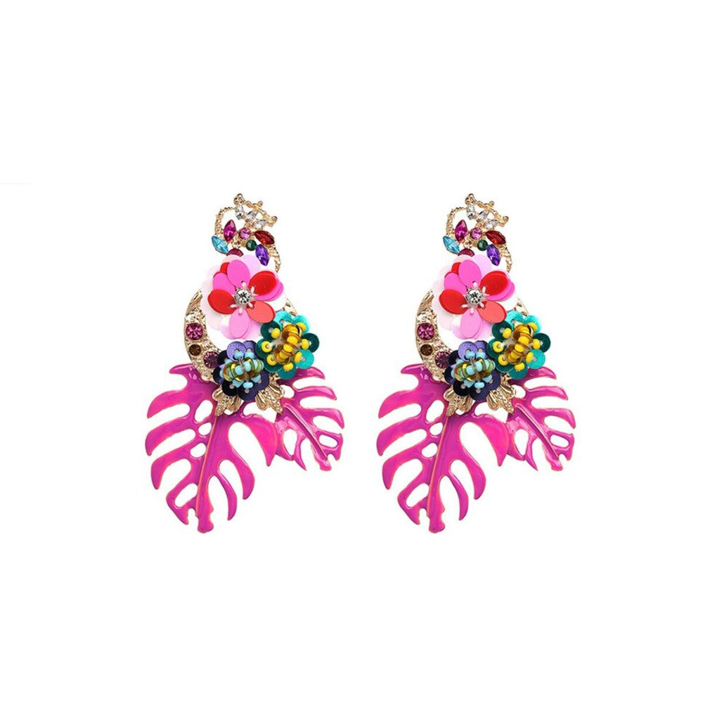 Pink Leaves & Clustered Flower Drop Earrings