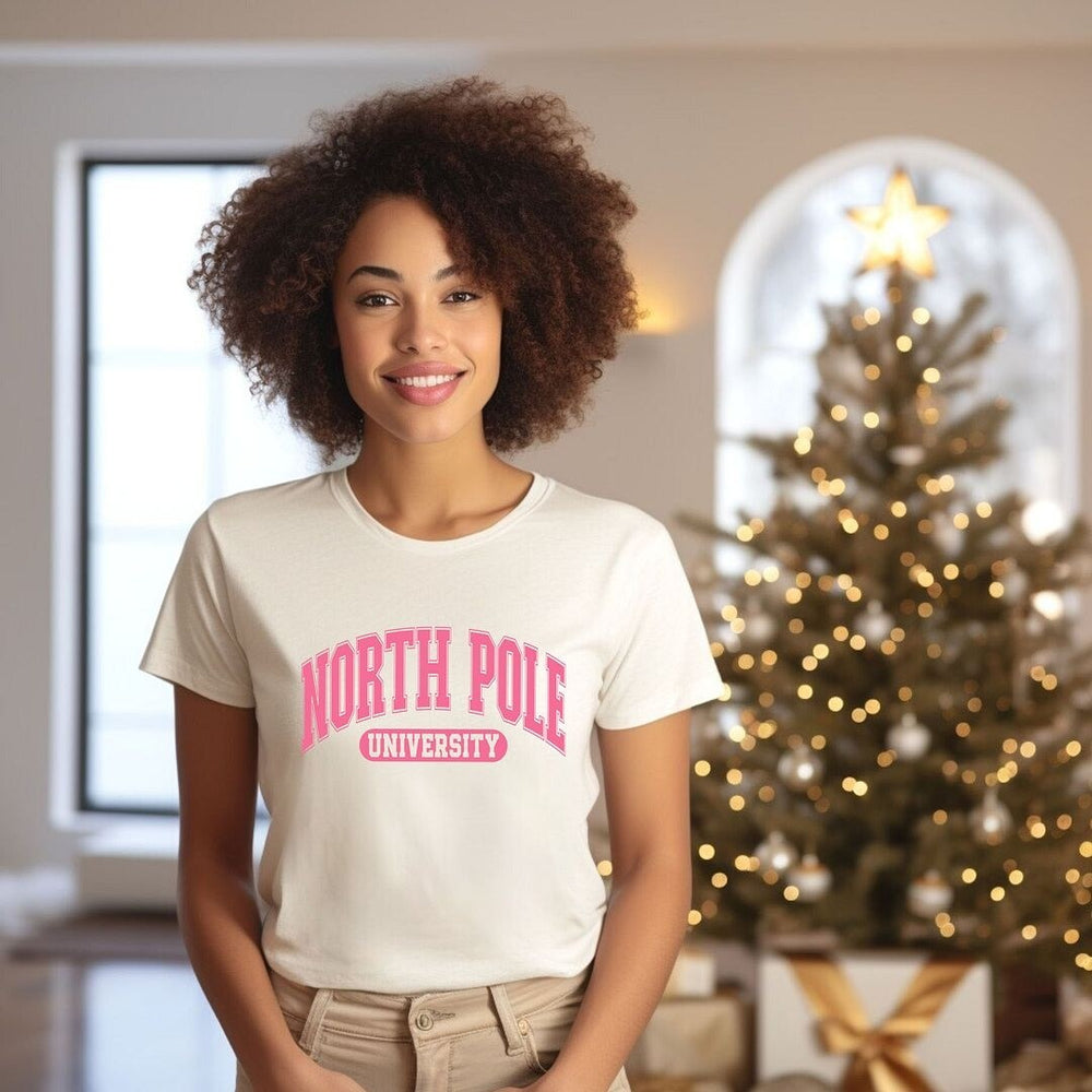 Pink North Pole University Short Sleeve Crewnneck Tee