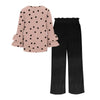 Pink Polka Dot Print Ruffle Long-Sleeve Top & Black Wide-Leg Pants