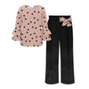 Pink Polka Dot Print Ruffle Long-Sleeve Top & Black Wide-Leg Pants