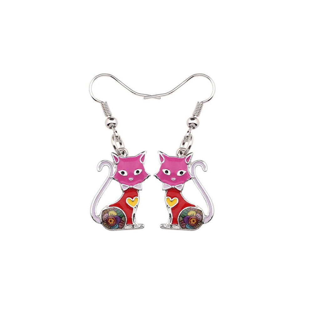 Pink Red Enamel Cat Drop Earrings