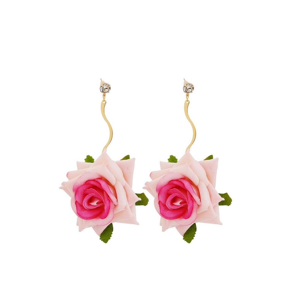 Pink Rose & Goldtone Squiggle Drop Earrings