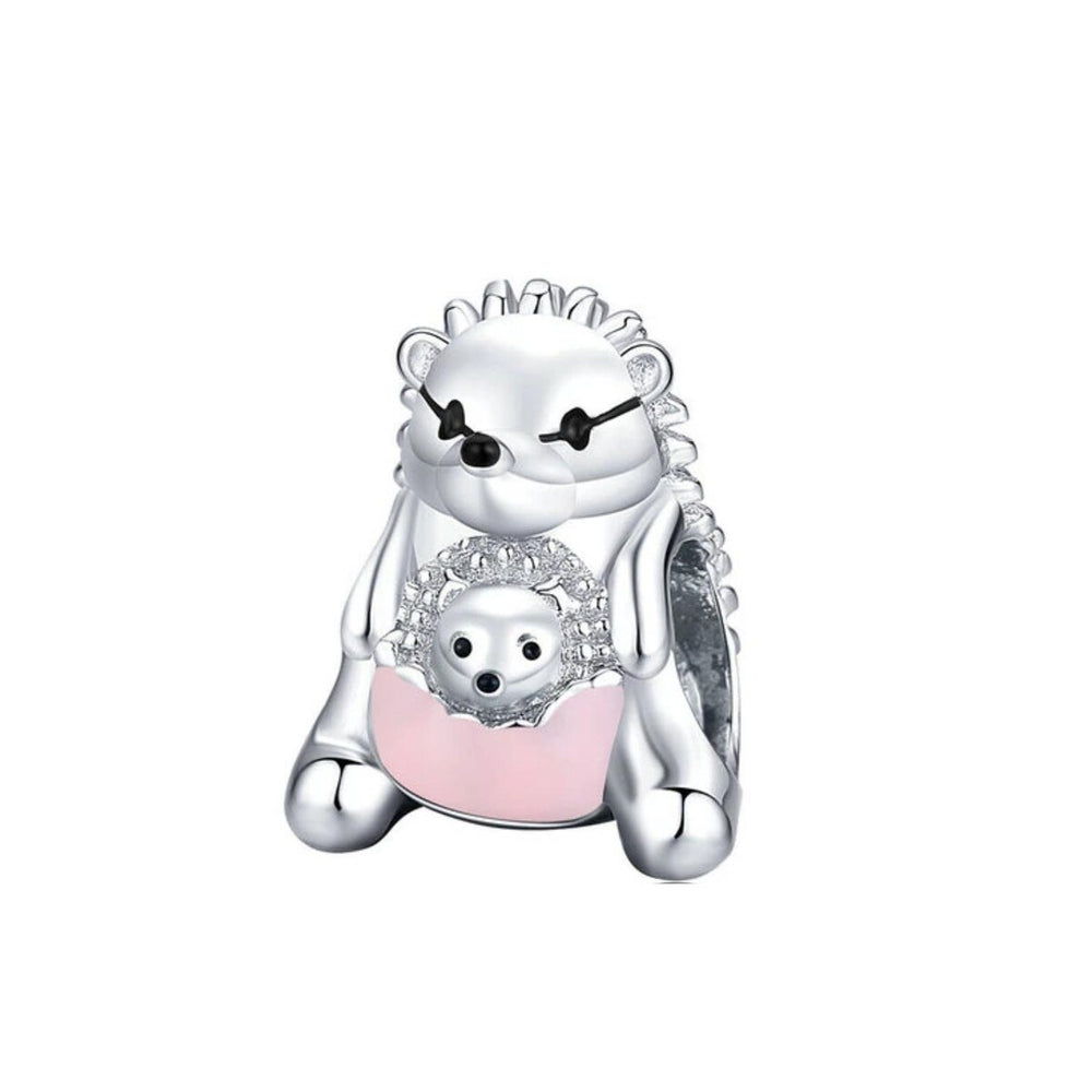 Pink Sterling Silver Hedgehog & Baby Charm