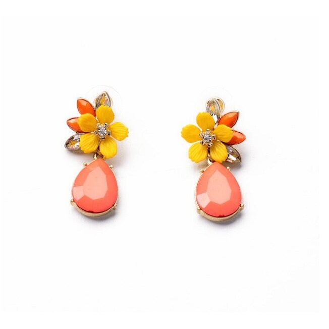 Pink Teardrop Yellow Flower Drop Earrings