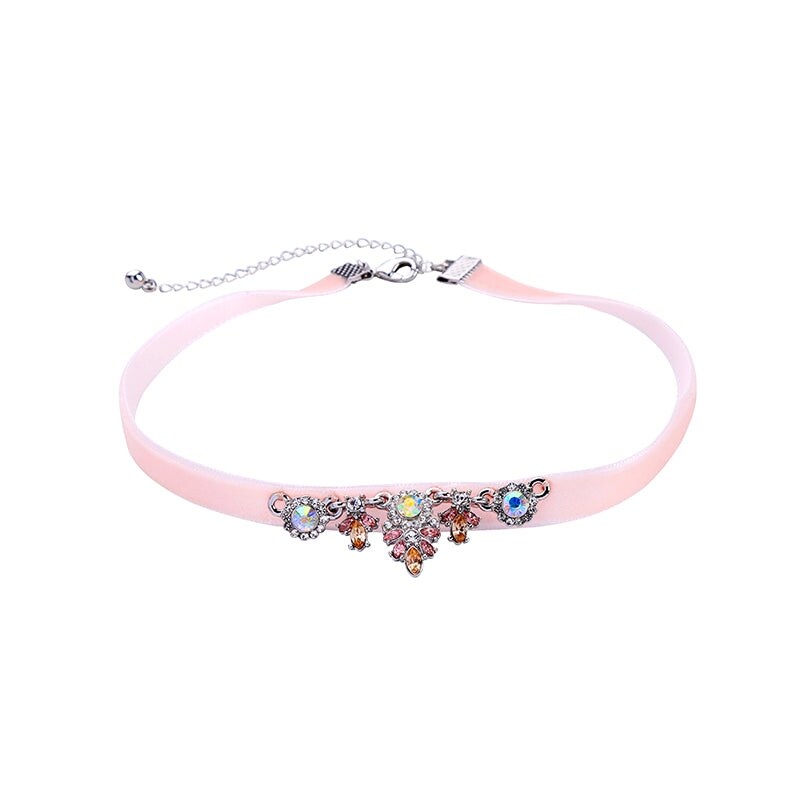 Pink Velvet Multi Colored Crystal Choker Necklace - White