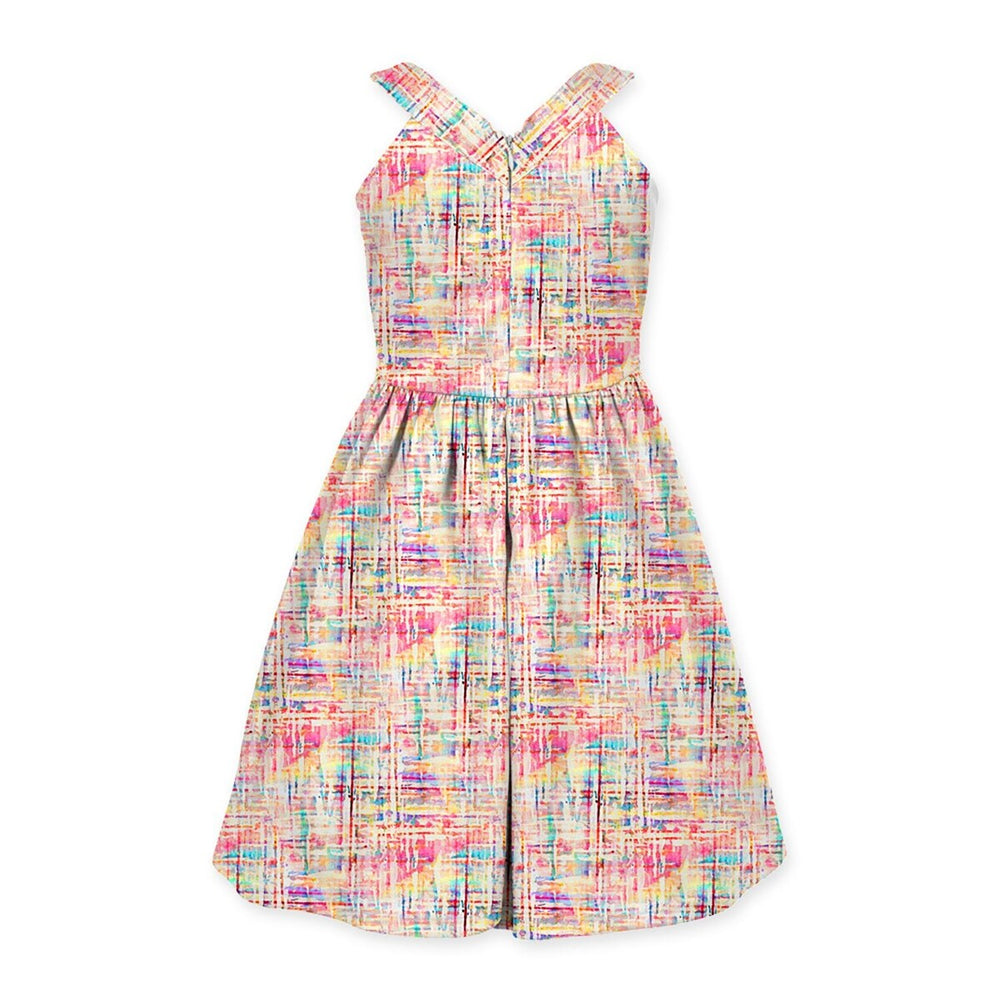 Pink Watercolor Abstract Print Bow-Belted Sleeveless Dress