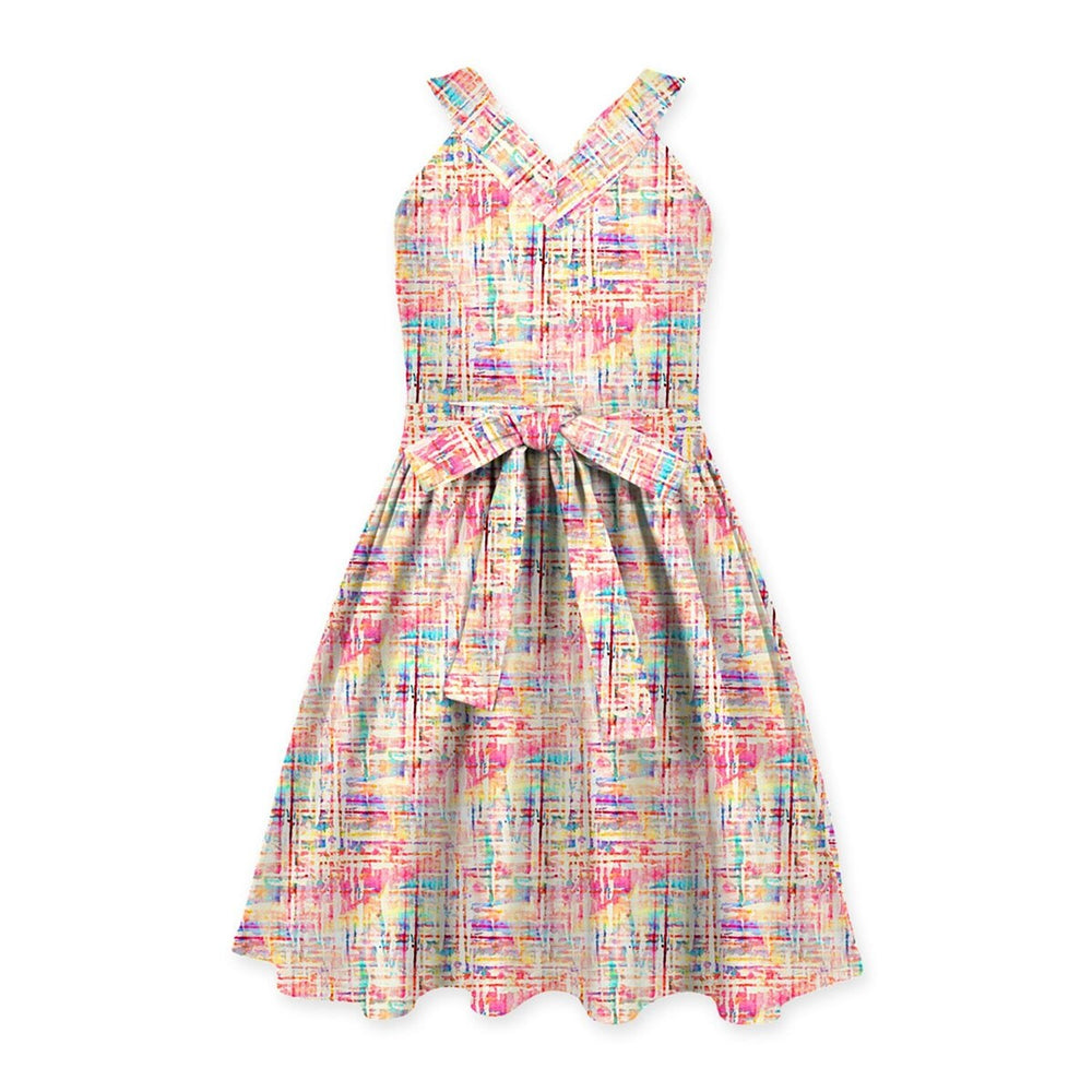 Pink Watercolor Abstract Print Bow-Belted Sleeveless Dress