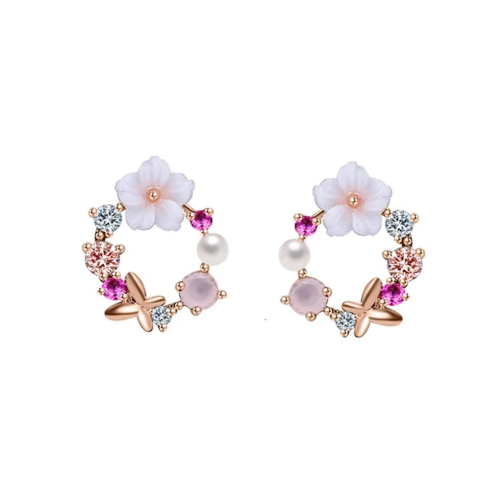 Pink White Flower Wreath Stud Earrings