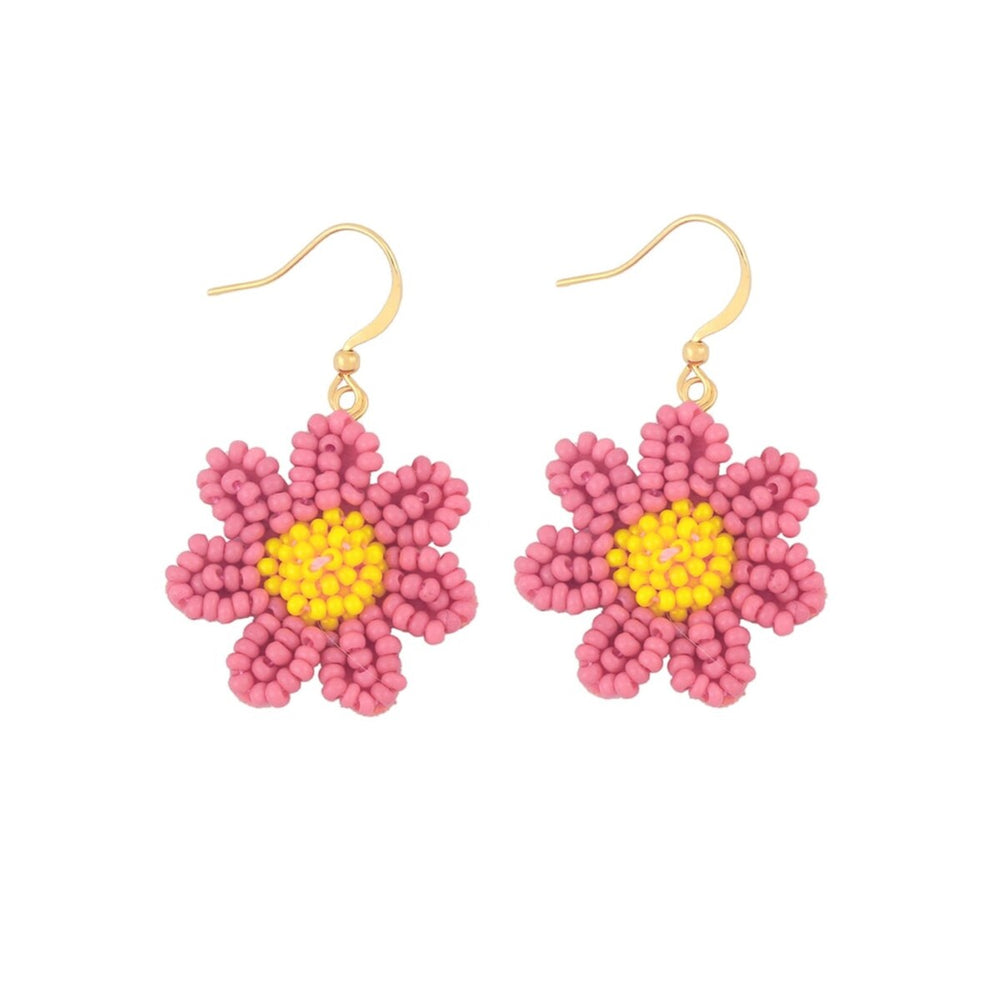 Pink Yellow Beaded Flower Earrings