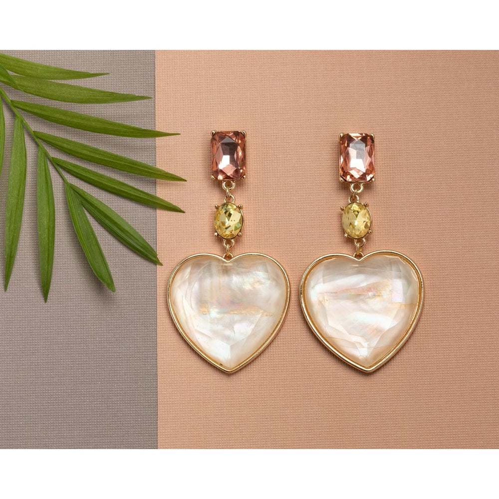 Pink Yellow Crystal Iridescent Heart Drop Earrings