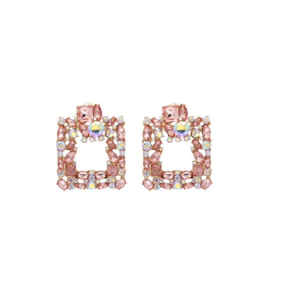 Pink & Iridescent Geometric Crystal Square Earrings