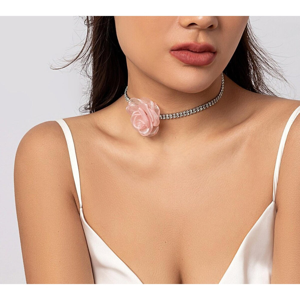 Pink and Silvertone Flower Choker Necklace - White