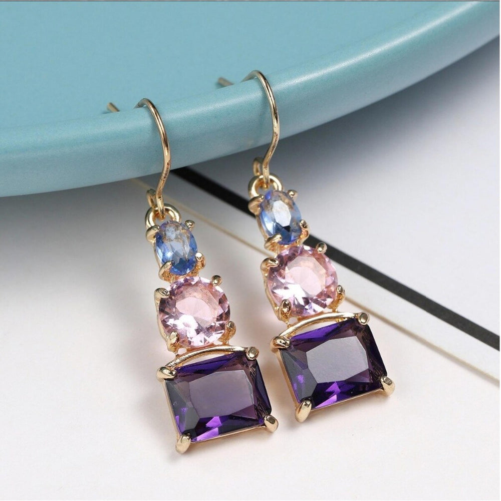 Pink, Purple Blue Geometric Crystal Drop Earrings