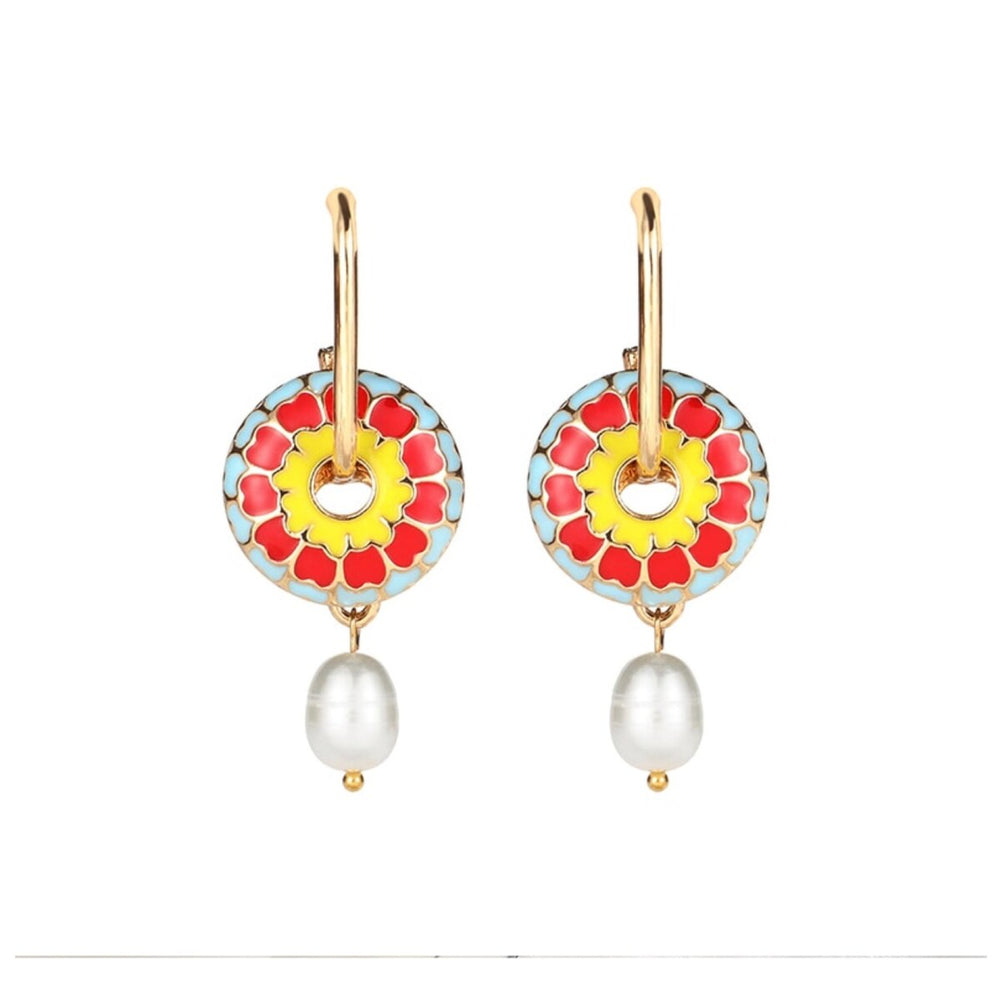 Primary Colored Floral Circular Earrings With Imitation Pearl