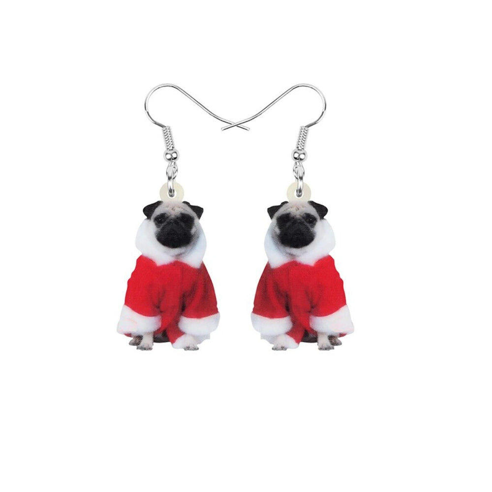 Pug Dog In Santa Coat Drop Earrings