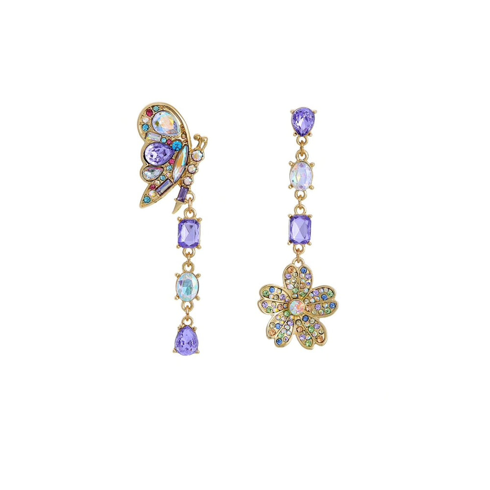 Purple Crystal Butterfly And Flower Asymmetrical Drop Earrings