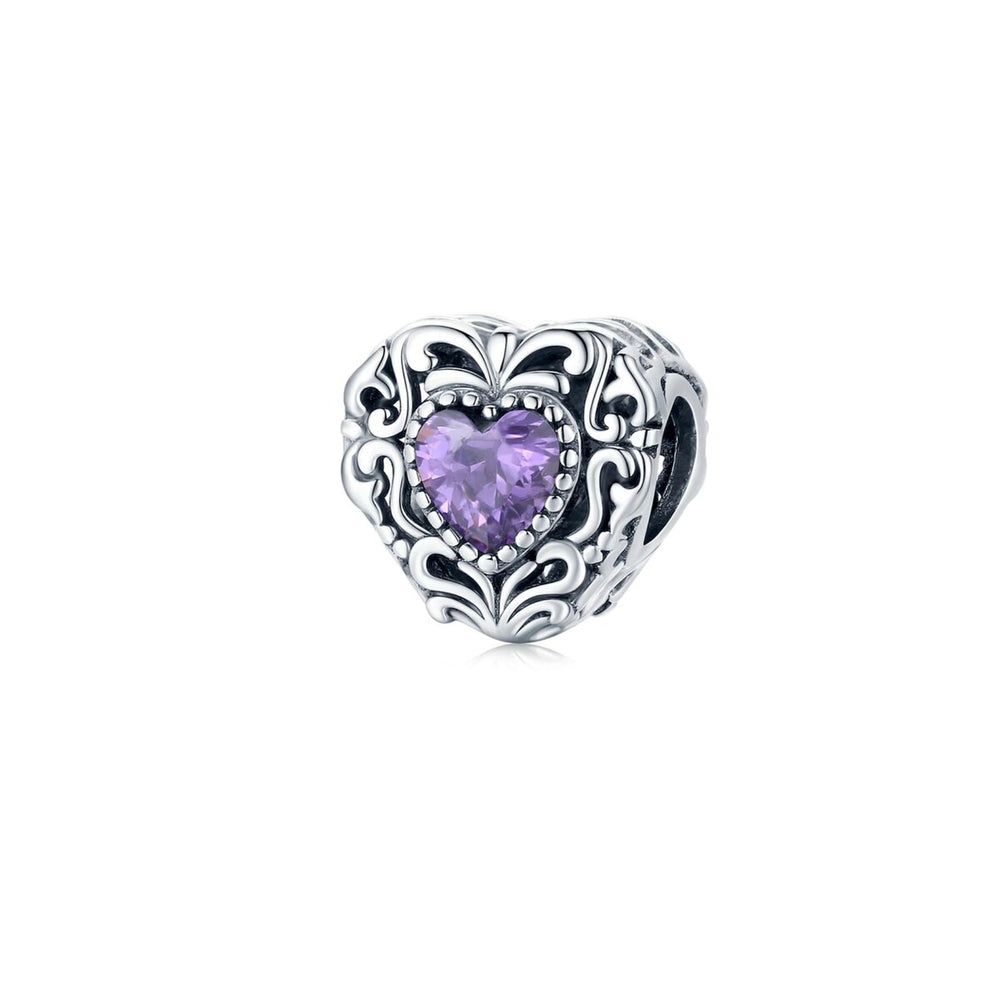 Purple Cubic Zirconia & Sterling Silver Floral Heart Charm