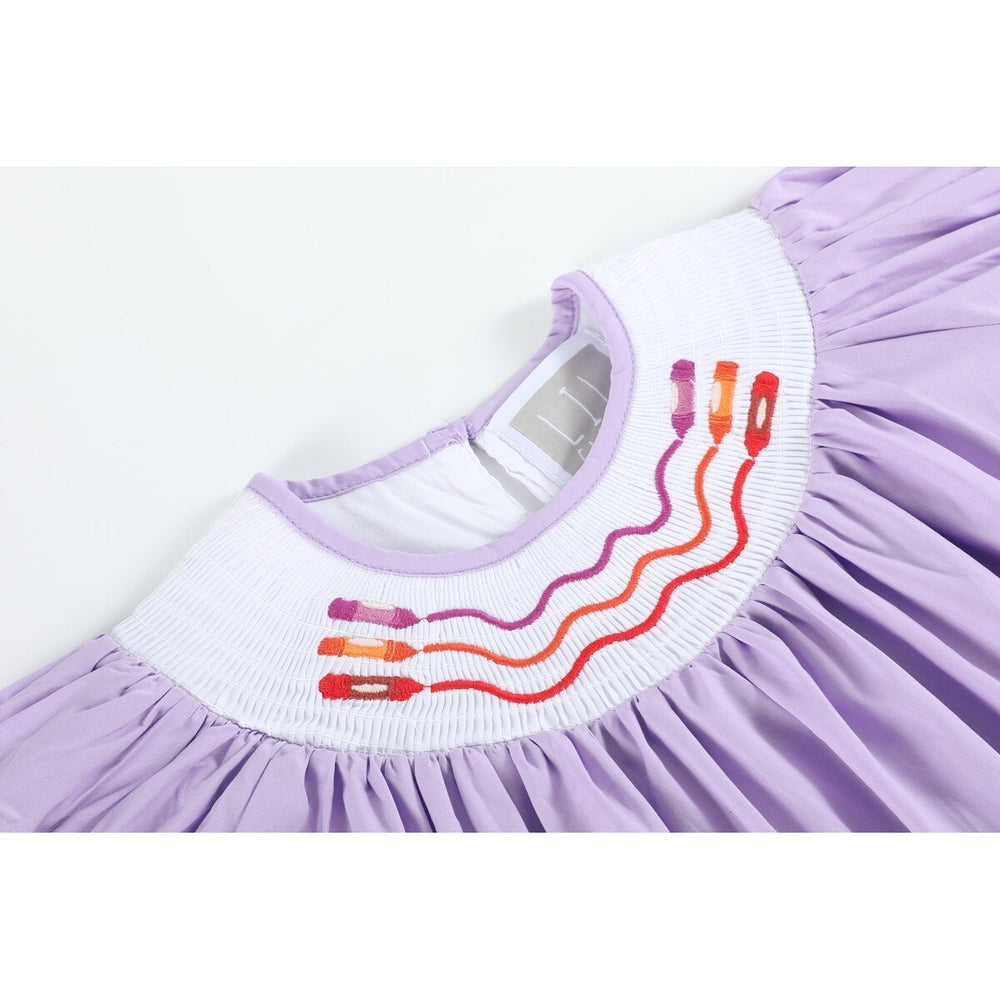 Purple Gingham Crayon Back to School Smocked Bishop Dress