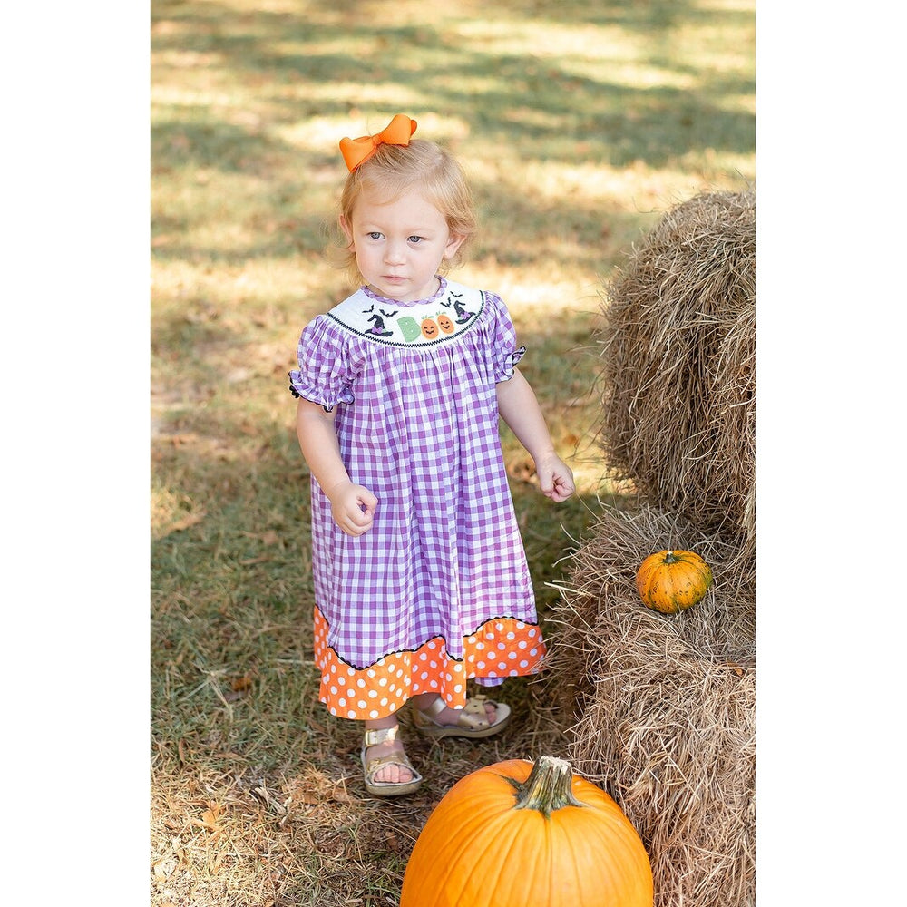 Purple Gingham Halloween Boo Smocked Bishop Dress