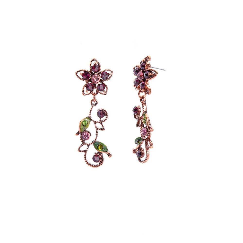 Purple Green Crystal Floral Bird Drop Earrings