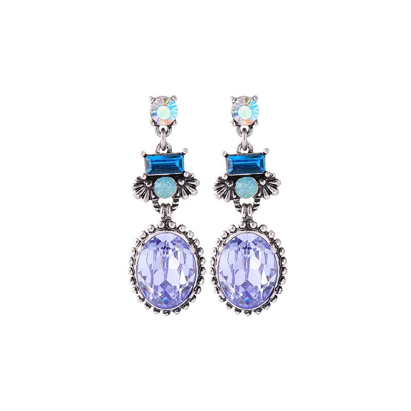 Purple Oval Crystal Blue Drop Earrings