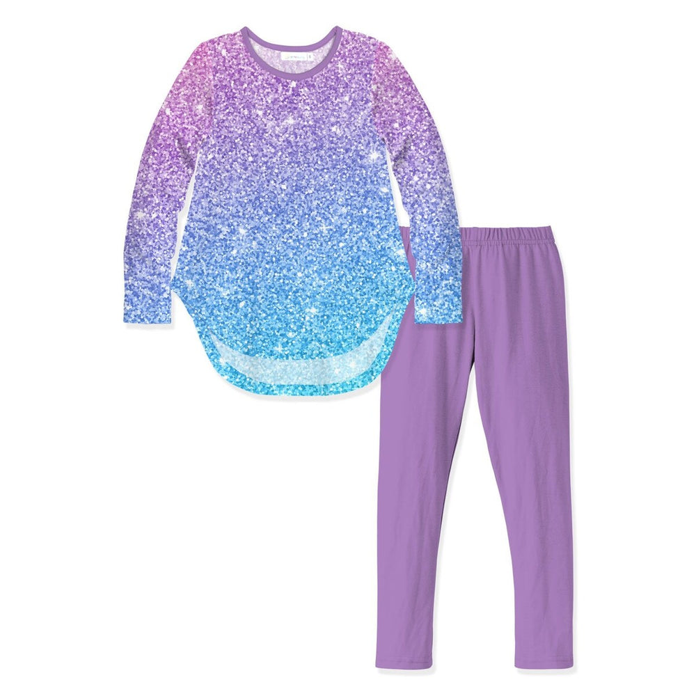 Purple & Blue Glitter Ombre Print Hi-Low Top & Leggings