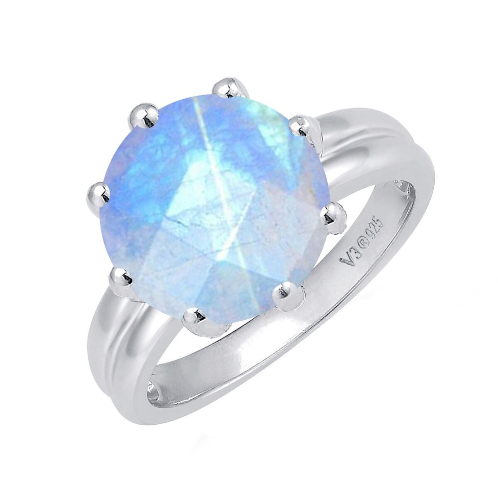 Rainbow Moonstone Sterling Silver Round-Cut Solitaire Ring