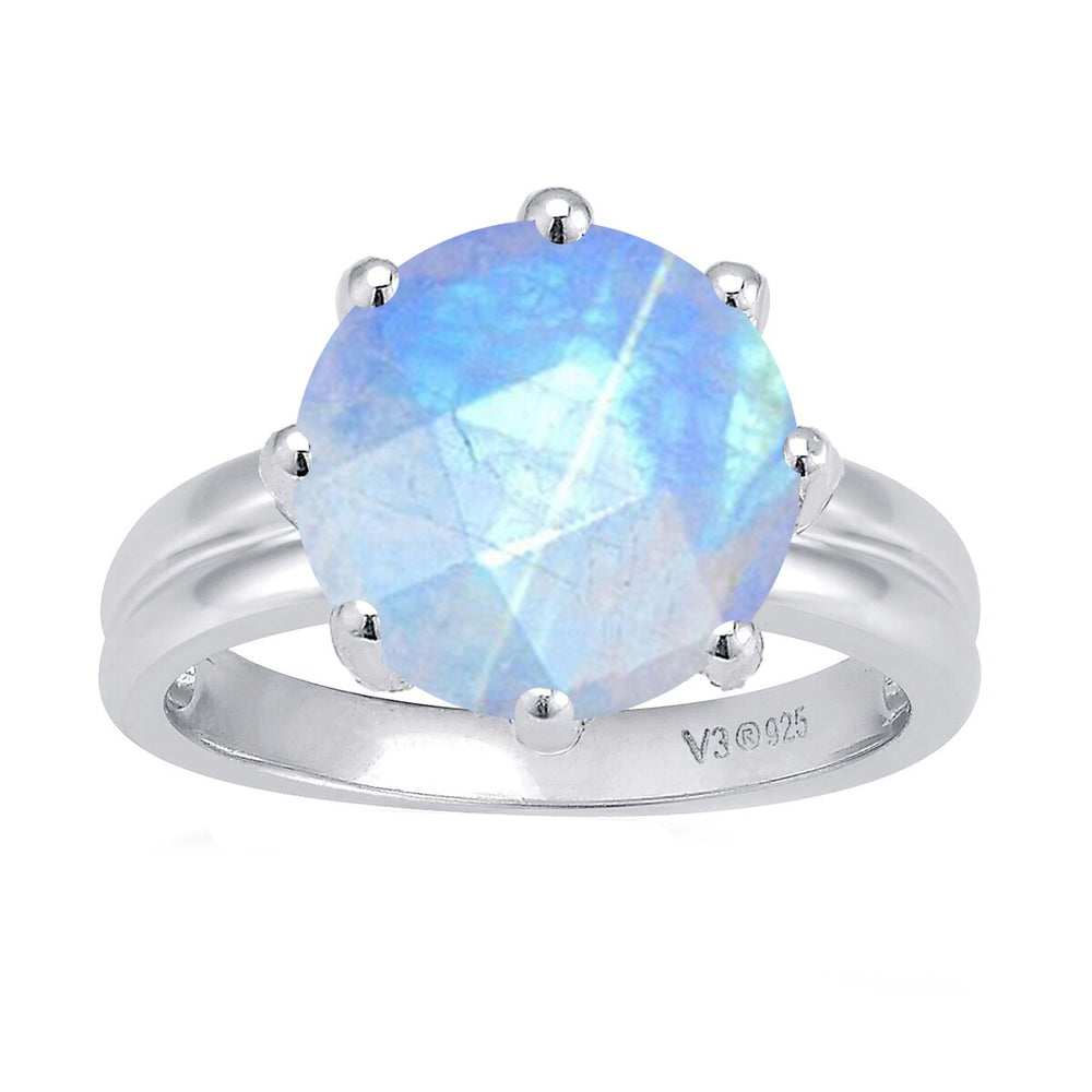 Rainbow Moonstone Sterling Silver Round-Cut Solitaire Ring