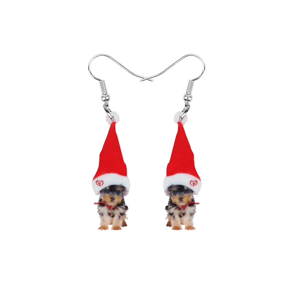 Red Acrylic Silvertone Yorkie Puppy Santa Hat Drop Earrings