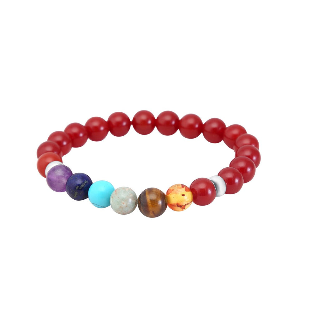 Red Agate and Chakra Bead Stretch Bracelet