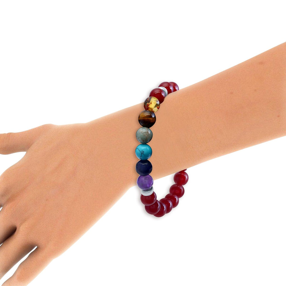 Red Agate and Chakra Bead Stretch Bracelet