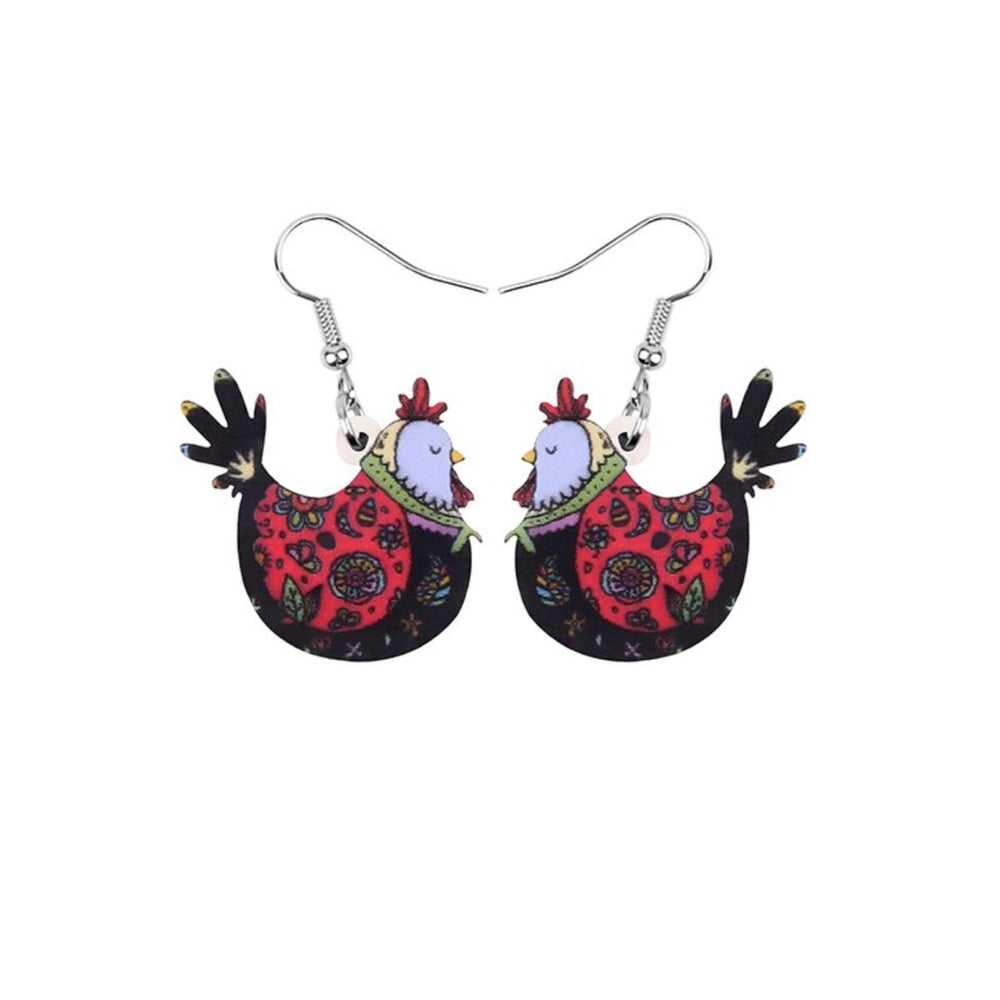 Red Black Floral Hen Earrings