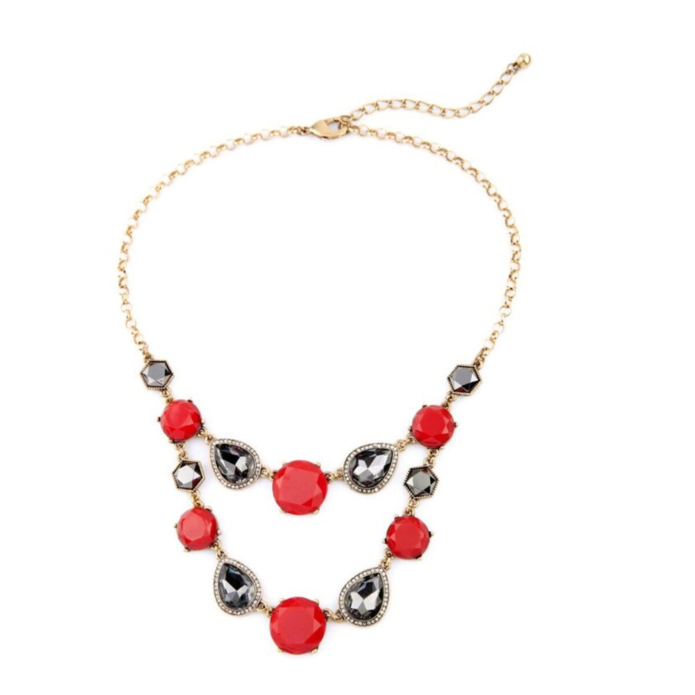 Red Black Layered Statement Necklace - White