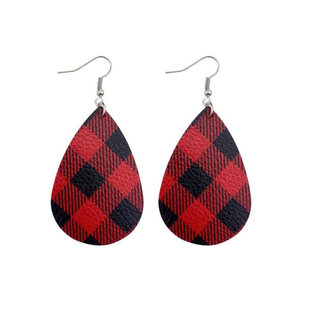 Red Black Plaid Teardrop Drop Earrings