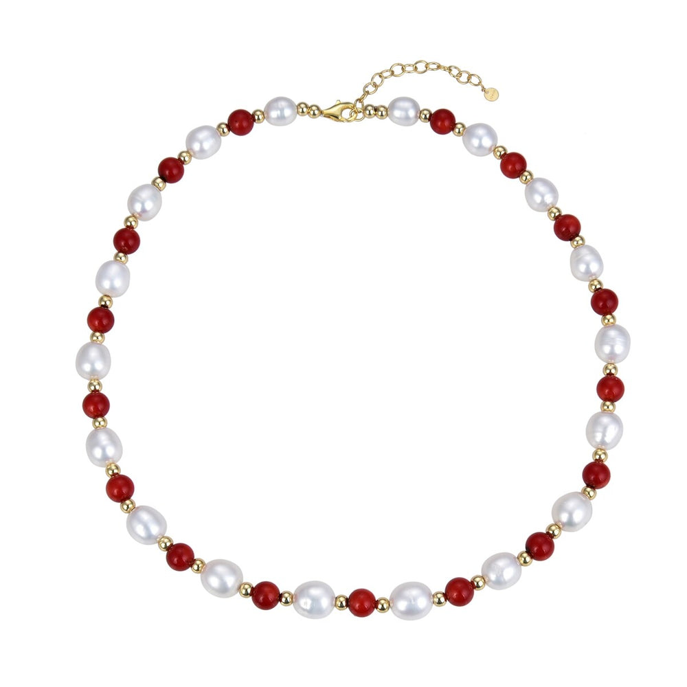 Red Coral and Freshwater Pearl Beaded Necklace 18"