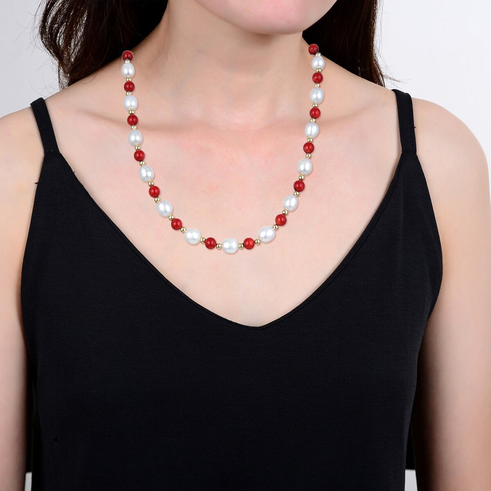 Red Coral and Freshwater Pearl Beaded Necklace 18"