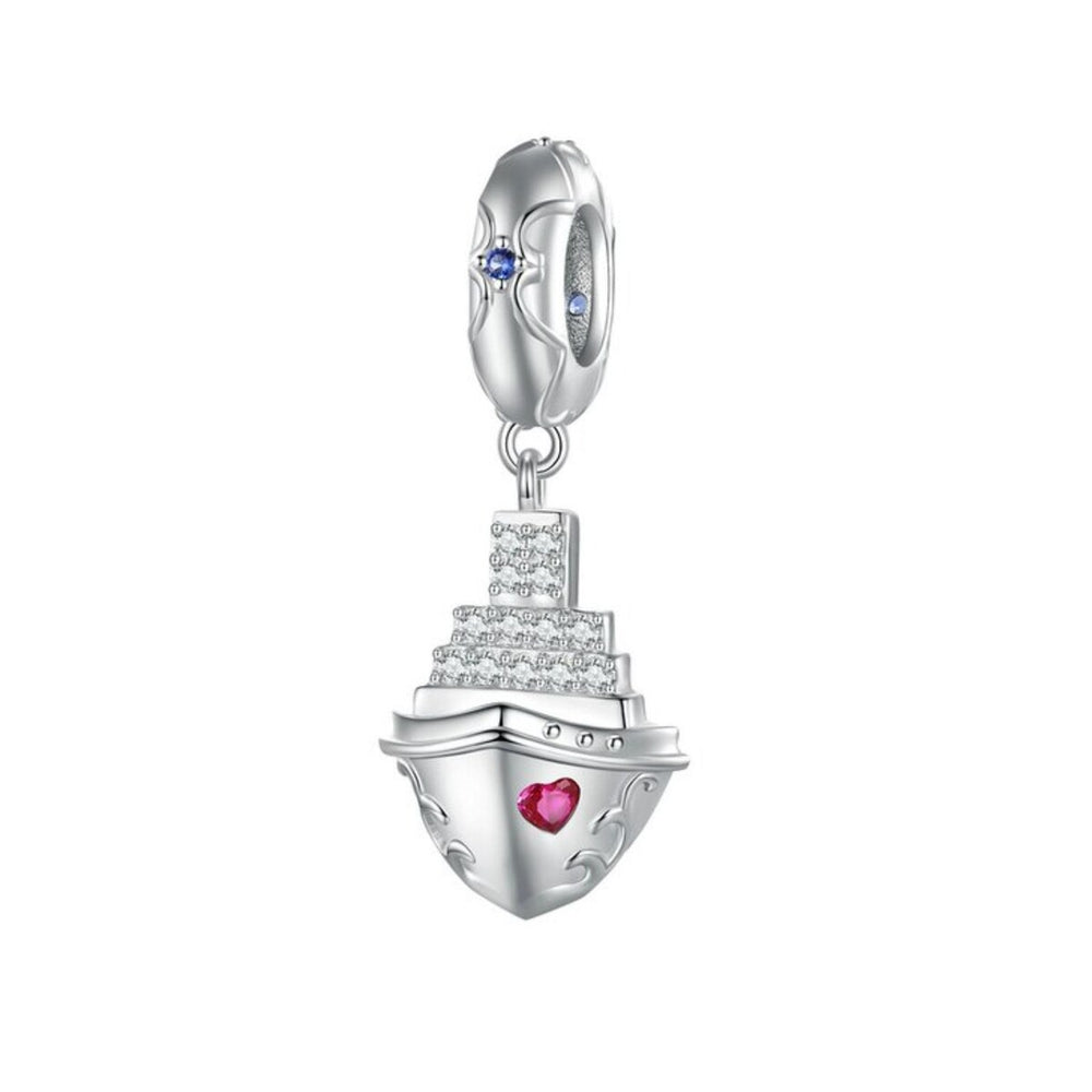 Red Cubic Zirconia & Sterling Silver Love Boat Charm