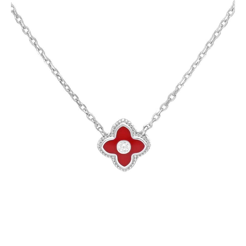 Red Enamel Flower Charm Necklace - Ag Sterling - White